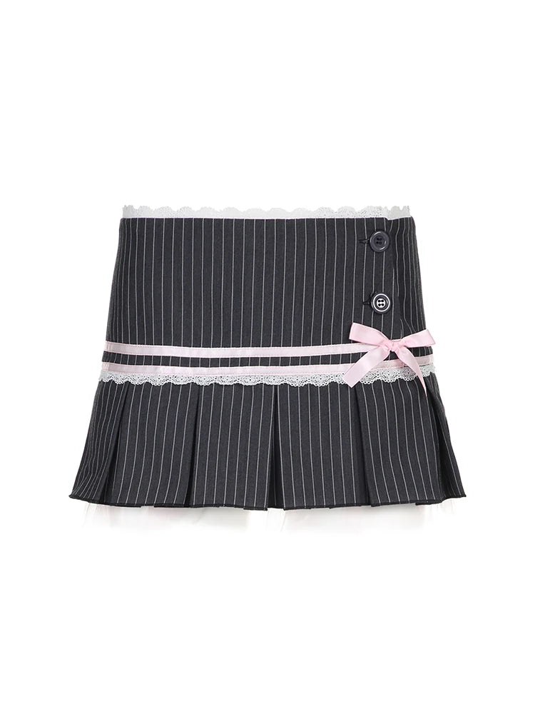 Minifalda plisada Y2K con lazo de encaje en contraste y rayas para mujer, con botones, cintura baja, corte A, estilo ballet, estilo preppy, estilo kawaii.