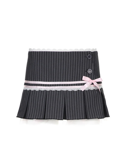 Minifalda plisada Y2K con lazo de encaje en contraste y rayas para mujer, con botones, cintura baja, corte A, estilo ballet, estilo preppy, estilo kawaii.