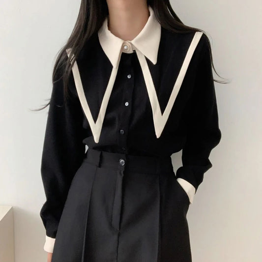 Camisas vintage para mujer, blusas coreanas de retazos, blusas negras de manga larga para oficina, blusas elegantes rojas informales de gasa, nuevas