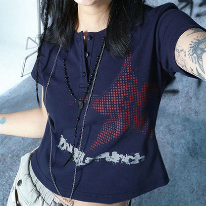 Top corto Harajuku estilo japonés con estampado de estrellas, cuello redondo, manga corta, camiseta gráfica Y2K, ropa de calle para mujer