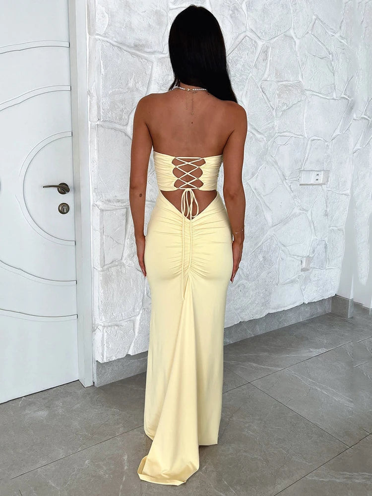 Vestido largo sin tirantes, con espalda descubierta y cordones para mujer, nuevo vestido de verano sin mangas con hombros descubiertos, ajustado, para fiesta y club.