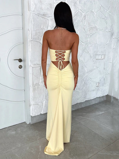 Vestido largo sin tirantes, con espalda descubierta y cordones para mujer, nuevo vestido de verano sin mangas con hombros descubiertos, ajustado, para fiesta y club.
