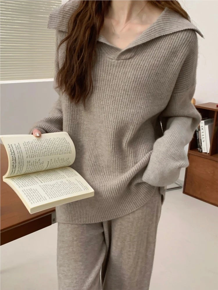 Conjunto de dos piezas de punto para mujer, jersey de solapa, pantalones largos, moda coreana, ropa informal femenina, prendas de punto, otoño e invierno, nuevo