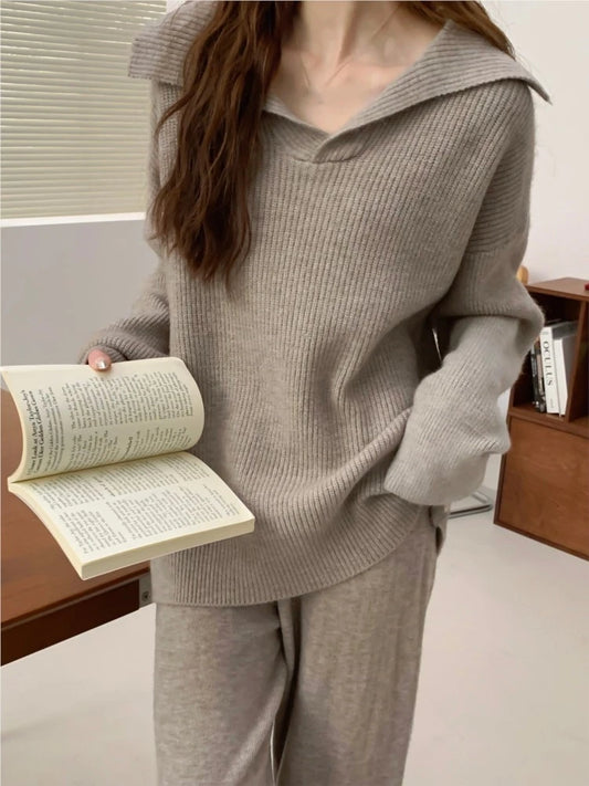 Conjunto de dos piezas de punto para mujer, jersey de solapa, pantalones largos, moda coreana, ropa informal femenina, prendas de punto, otoño e invierno, nuevo