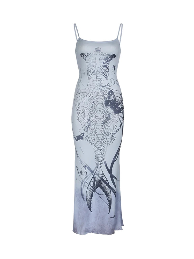Vestido gótico Y2K con tirantes finos y estampado de sirena para mujer