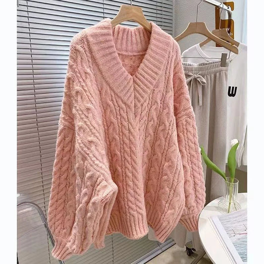 Suéter de gran tamaño para mujer, moda preppy, rosa, cuello en V, suéteres de punto Harajuku coreanos de manga larga, suéteres de invierno