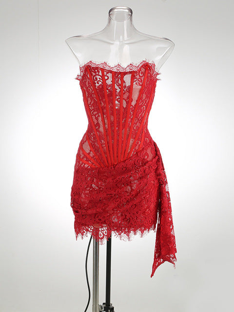 Elegant Lace Strapless Sexy Mini Dress For Women Fashion Off-shoulder Irregular Ruched Bodycon Night Club Party Dress