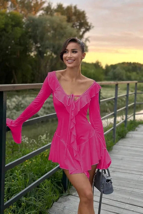 Deep V-Neck Bodycon Dress with Flared Sleeves