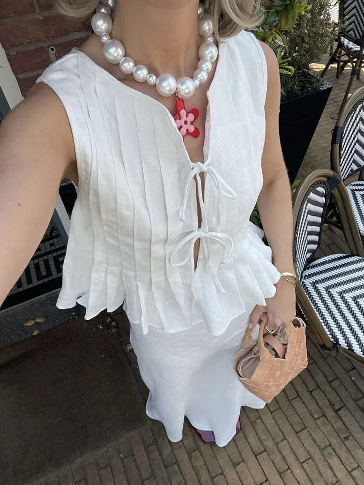 Camiseta sin mangas blanca con banda acanalada para mujer, chaleco ajustado sin mangas con agujeros, moda de verano, chaleco con cordones para mujer, top Y2k
