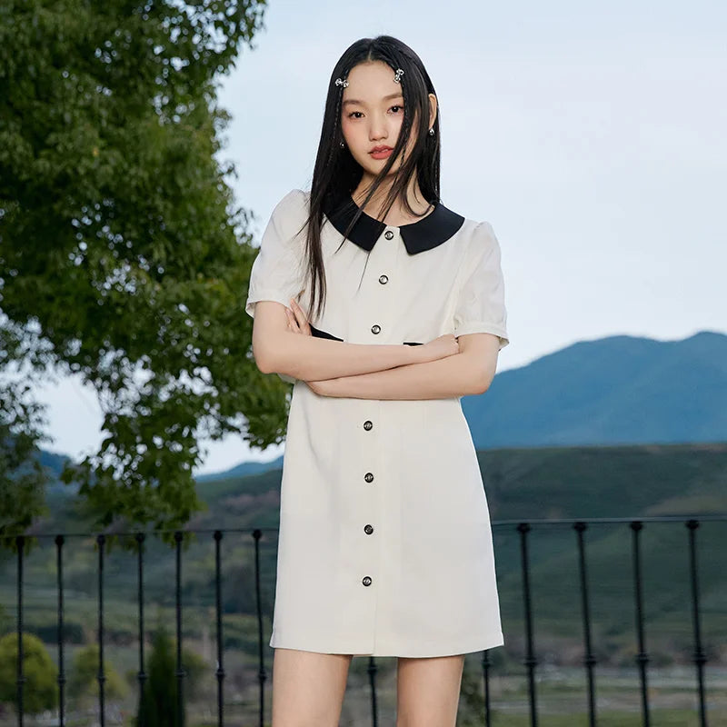 Dress Women Contrast Texture Fake Two Pieces  Summer New Bubble Sleeve Breasted Short Dress Elegant Small Fragrance