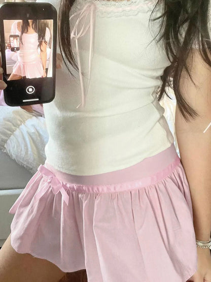 Sweet Y2K Kawaii Pink Bow Pleated Mini Lining Shorts Skirt Women Korean Cute 2000s Clothing