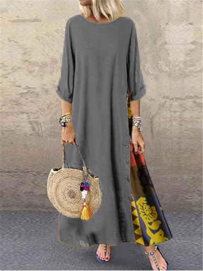Vestidos largos vintage de lino y algodón para mujer, mangas tres cuartos, estampado empalmado, holgados, línea A, moda informal, maxivestido para mujer