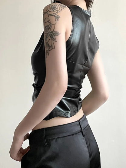 Top corto negro con pliegues para mujer, ropa de calle de moda, estilo jersey, ajustado, sin mangas, con cuello redondo, estilo femenino