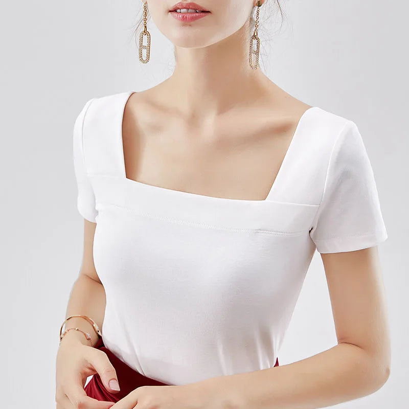 Blusas de algodón para mujer, estilo primavera-verano, informales, de manga corta, cuello cuadrado, lisas y holgadas, DF3492