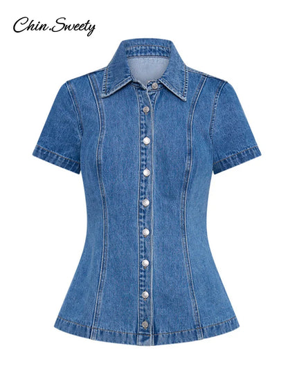 Elegant Two Pieces Skirt Set Women Denim Blue Short Sleeve Top Wrap Hip Mini Skirts Suits 2025 Spring New in Matching Outfits