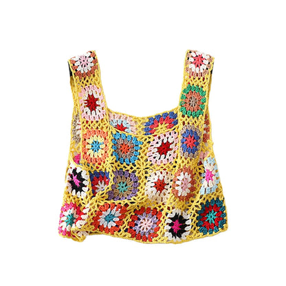 Top corto de punto de crochet de los años 2000 para mujer, camiseta sin mangas con bordado floral, chaleco Y2K, ropa de playa, ropa de calle