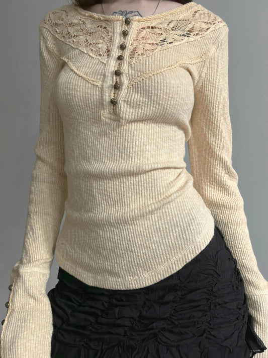 Camisetas básicas de punto con encaje y botones elegantes y retro para mujer, de manga larga, exquisitas y ajustadas, para otoño.