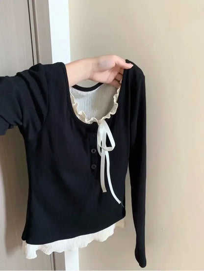 T-shirts Women Slim Sweet College Fashion Korean Spring Soft Leisure Cropped Spliced Designed  New Arrival Daily Casual