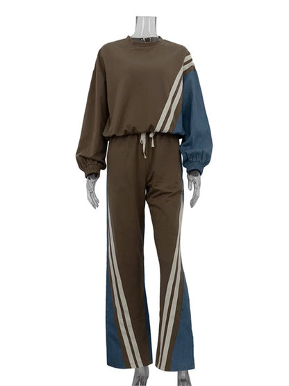 Ladies 2 Piece-Set Drawstring Trousers Contrast Lace-Up Autumn  Pullover And High Waist Women Pants Outfits Tracksuit