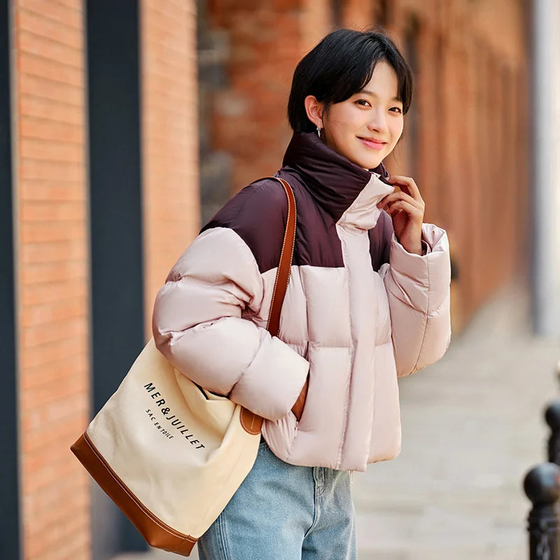Chaqueta de plumón para mujer, impermeable, holgada, sencilla, nueva, de invierno, con cuello alto, chaqueta de plumón