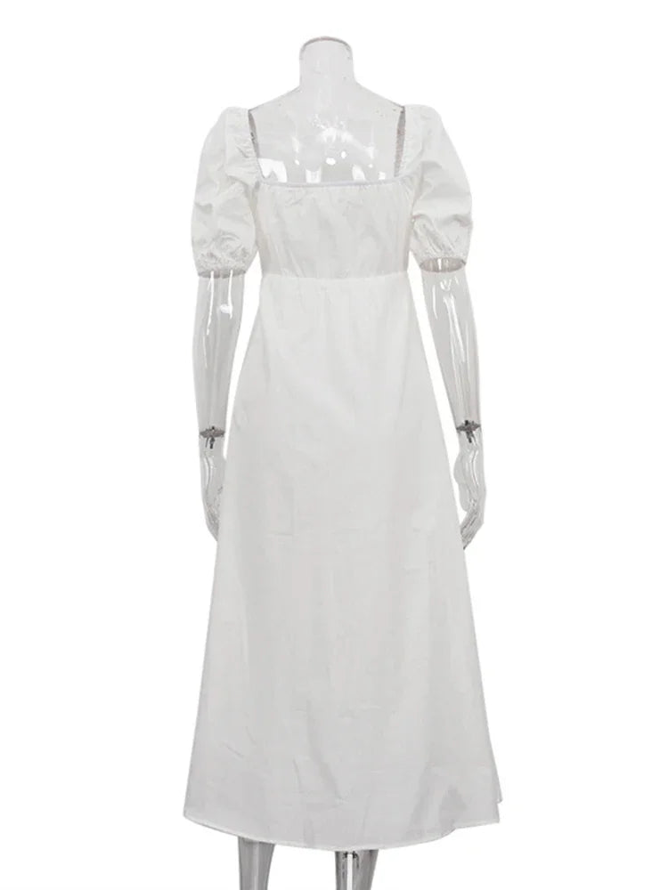 Vestido largo blanco con cuello cuadrado y mangas abullonadas para mujer, corte en A, ajustado, de algodón, con aberturas, elegante, moda de otoño.
