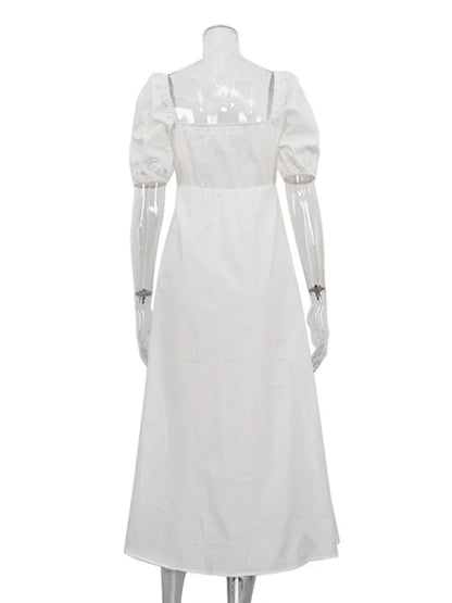 Vestido largo blanco con cuello cuadrado y mangas abullonadas para mujer, corte en A, ajustado, de algodón, con aberturas, elegante, moda de otoño.