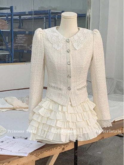 French Vintage 2-piece Set Tweed Lace Patchwork Single Breasted Coat Ruffles Cake Mini Skirt Korean Fashion Autumn Outfits New