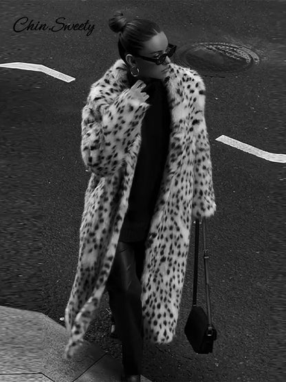 Abrigo largo de piel sintética con solapa y estampado de animales para mujer, abrigo holgado de manga larga con bolsillo, abrigos de otoño e invierno, prendas de vestir cálidas y gruesas para la calle.