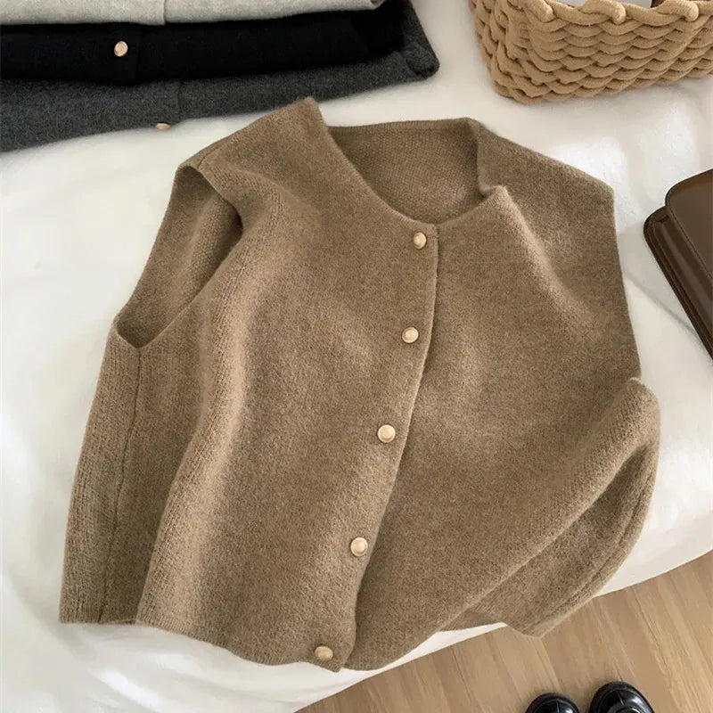Cárdigan de otoño para mujer, suéter coreano elegante de punto sin mangas, informal, ajustado, a la moda