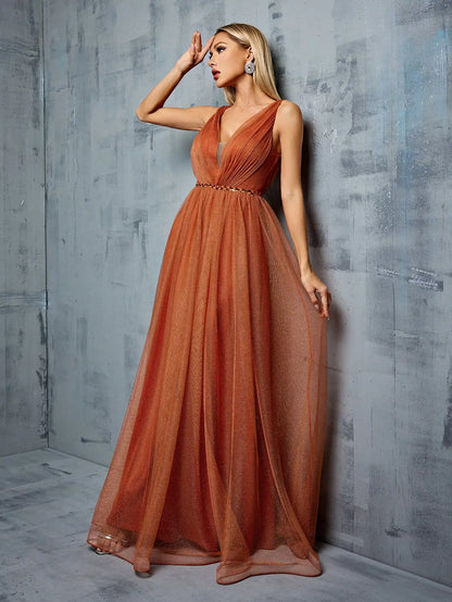 V-neck vest Metal mesh retraction splice sequin webbing long skirt Evening gown PROM dress Party dress Bridesmaid dress
