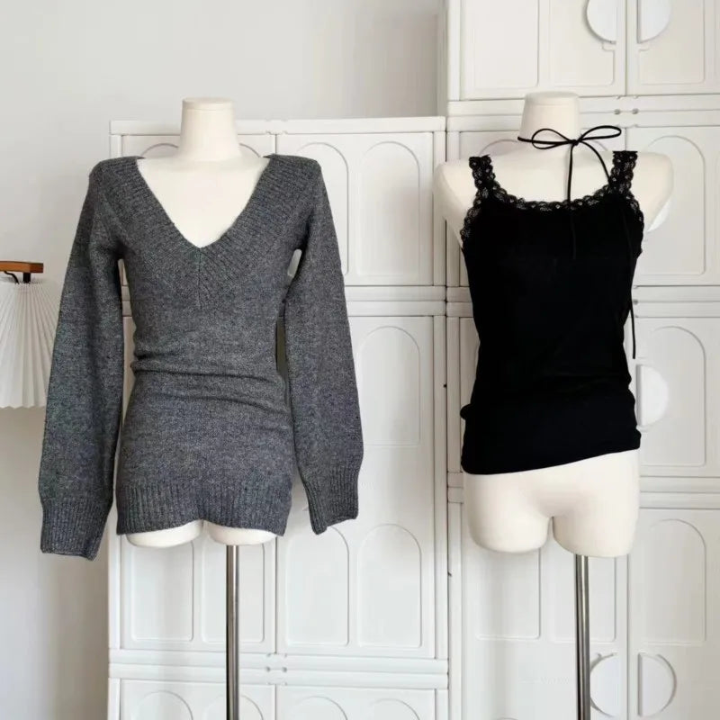 Suéter vintage francés con cuello en V para mujer, jersey de manga larga, minifalda de punto, estilo años 2000, conjuntos de 3 piezas.