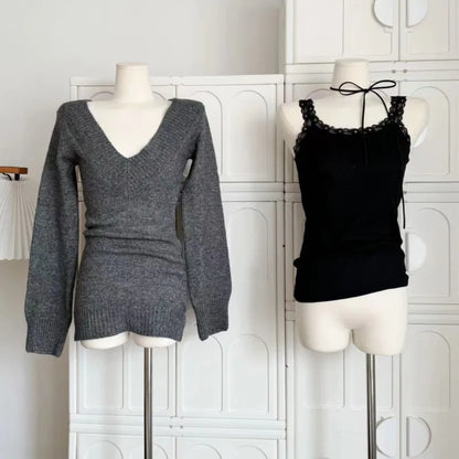 Suéter vintage francés con cuello en V para mujer, jersey de manga larga, minifalda de punto, estilo años 2000, conjuntos de 3 piezas.