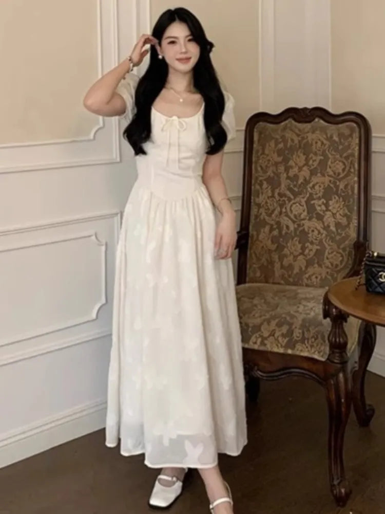 Elegantes vestidos midi para mujer, novedad de verano, manga abullonada, cuello cuadrado, corte A, vestido informal para fiesta de cumpleaños, vestido coreano de una pieza
