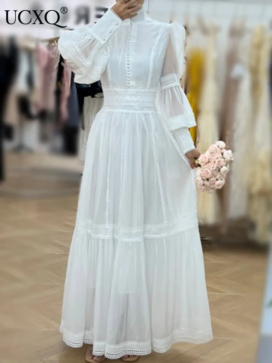 Elegante vestido largo estilo hada, cuello alto, mangas farol, cintura ajustada, moda para mujer, primavera otoño 2025, 1351