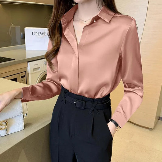 Blusas de mujer estilo primavera otoño, camisas casuales de manga larga con cuello vuelto, blusas, tops DF4846