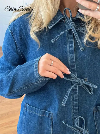 Camisa vaquera con cordones para mujer, blusa holgada de manga larga con solapa y cuello alto, primavera 2025