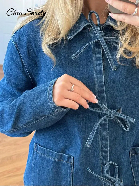 Camisa vaquera con cordones para mujer, blusa holgada de manga larga con solapa y cuello alto, primavera 2025
