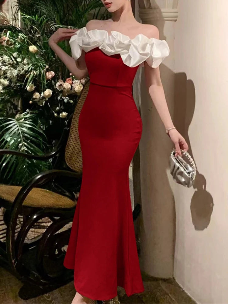 Vestido de fiesta sexy ajustado con hombros descubiertos para mujer, nuevo vestido de retazos de cintura estrecha, elegante, a la moda, para graduación, largo