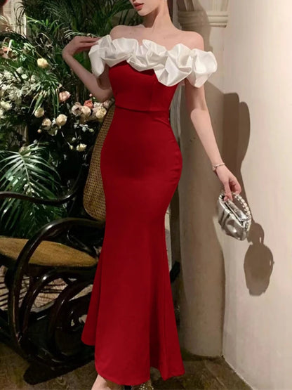 Vestido de fiesta sexy ajustado con hombros descubiertos para mujer, nuevo vestido de retazos de cintura estrecha, elegante, a la moda, para graduación, largo