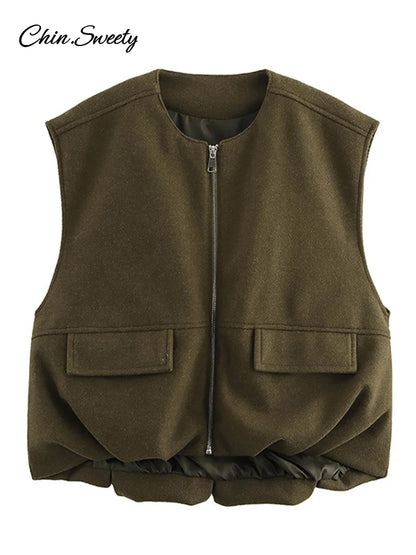 Street Zipper Waistcoat For Women Zipper O-neck Sleeveless Thick Warm Vest Top Female 2025 Spring Lady All-matching Outwear New