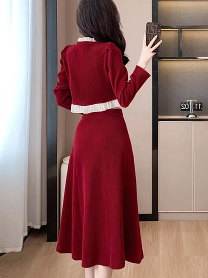 Conjunto de falda de dos piezas de pana para otoño e invierno, top de manga larga con volantes y cuello redondo para mujer, falda midi lisa, conjuntos de moda coreana, nuevo