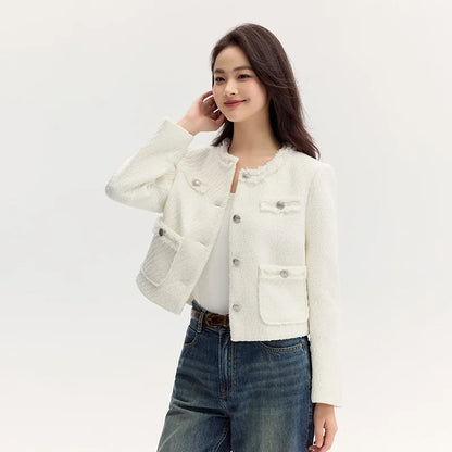Abrigo de mujer de manga corta con hombreras y borlas, elegante, nuevo, estilo pequeño en color carbón, chaqueta ajustada.
