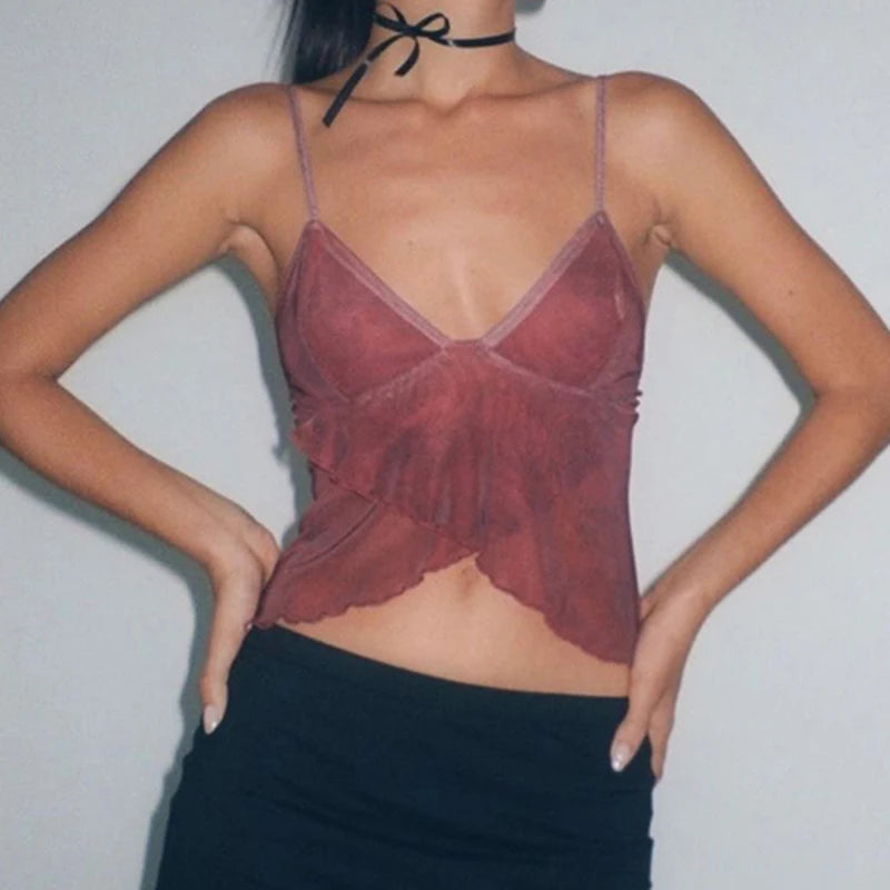 Graphic Printed Mesh See Through Vest Women Sexy Casual V-neck Sleeveless Suspender Camisole Patchwork Tank Top Y2K Streetwear
