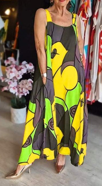 Vestidos estampados con tirantes finos para mujer, moda informal, con bolsillos, sueltos, largos, para ir al trabajo, maxivestidos, novedad de verano 2025
