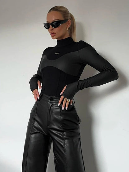 Body de manga larga con cuello alto para mujer, lencería sexy, top negro, mono de una pieza de PU con retazos