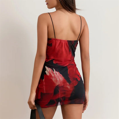 Vestido mini sexy de verano para mujer, estampado floral, cuello cuadrado, tirantes finos, sin mangas, vestido corto, vestidos de fiesta de noche