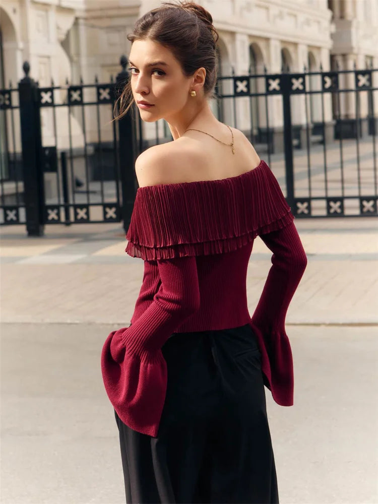 Knit Backless Sweater Pullover Female Patchwork Ribbed Off-Shoulder Slim Fashion Y2k Autumn Top Women’s Knitwear Pullover