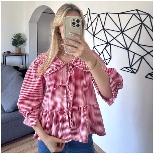 Tops Babydoll Y2K, ropa de verano para mujer, cuello con volantes, encaje, manga 3/4, blusas sueltas, camisas, ropa de los años 2000, ropa de calle
