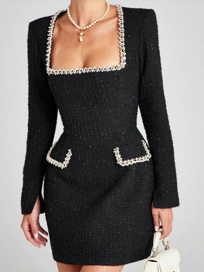 Elegante vestido de fiesta corto de tweed para mujer, manga larga, cuello cuadrado, bolsillo falso, vestidos de noche de otoño, brillantes, ajustados, de corte A.