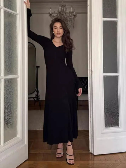 Vestido retro de punto con cuello en V para mujer, suéter de canalé para otoño e invierno, vestido largo elegante, ajustado, con mangas acampanadas, ropa para mujer
